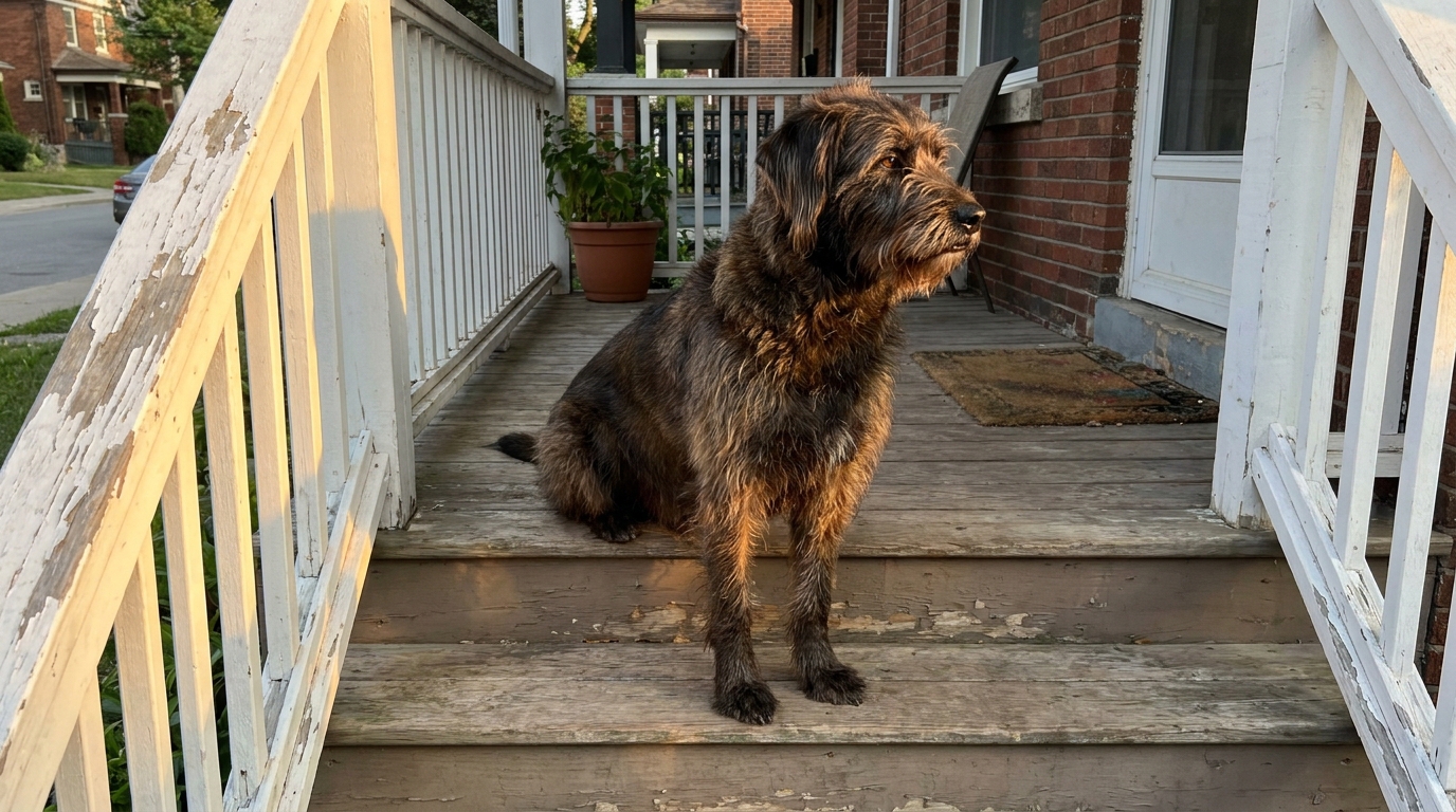 shaggy medium-sized dog sitting on wooden porch steps of brick house