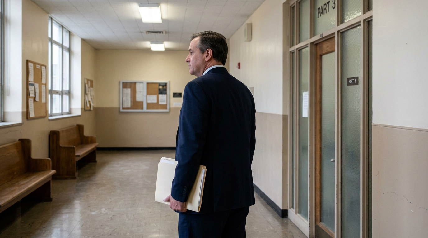 suited attorney holding legal folders standing outside Part 3 courtroom door