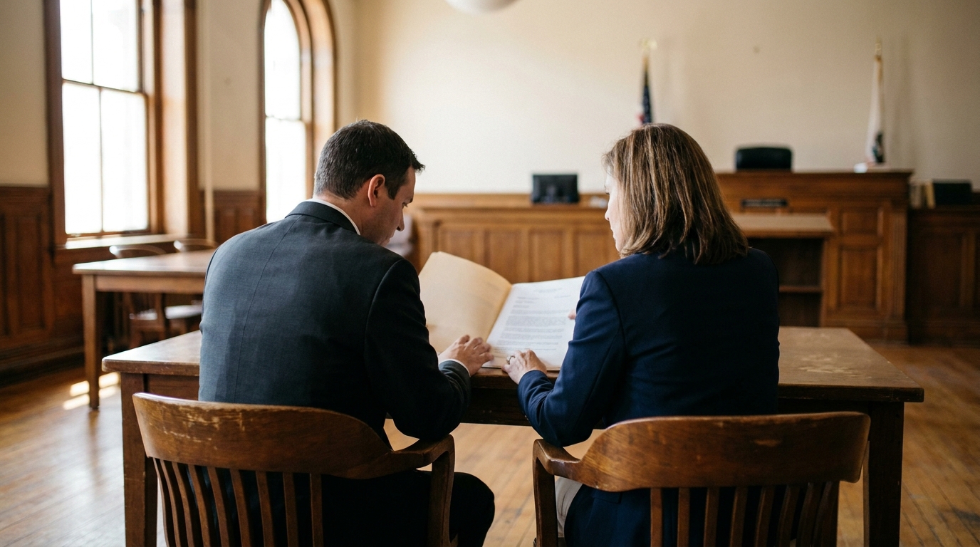 two attorneys reviewing legal documents together at courtroom counsel table