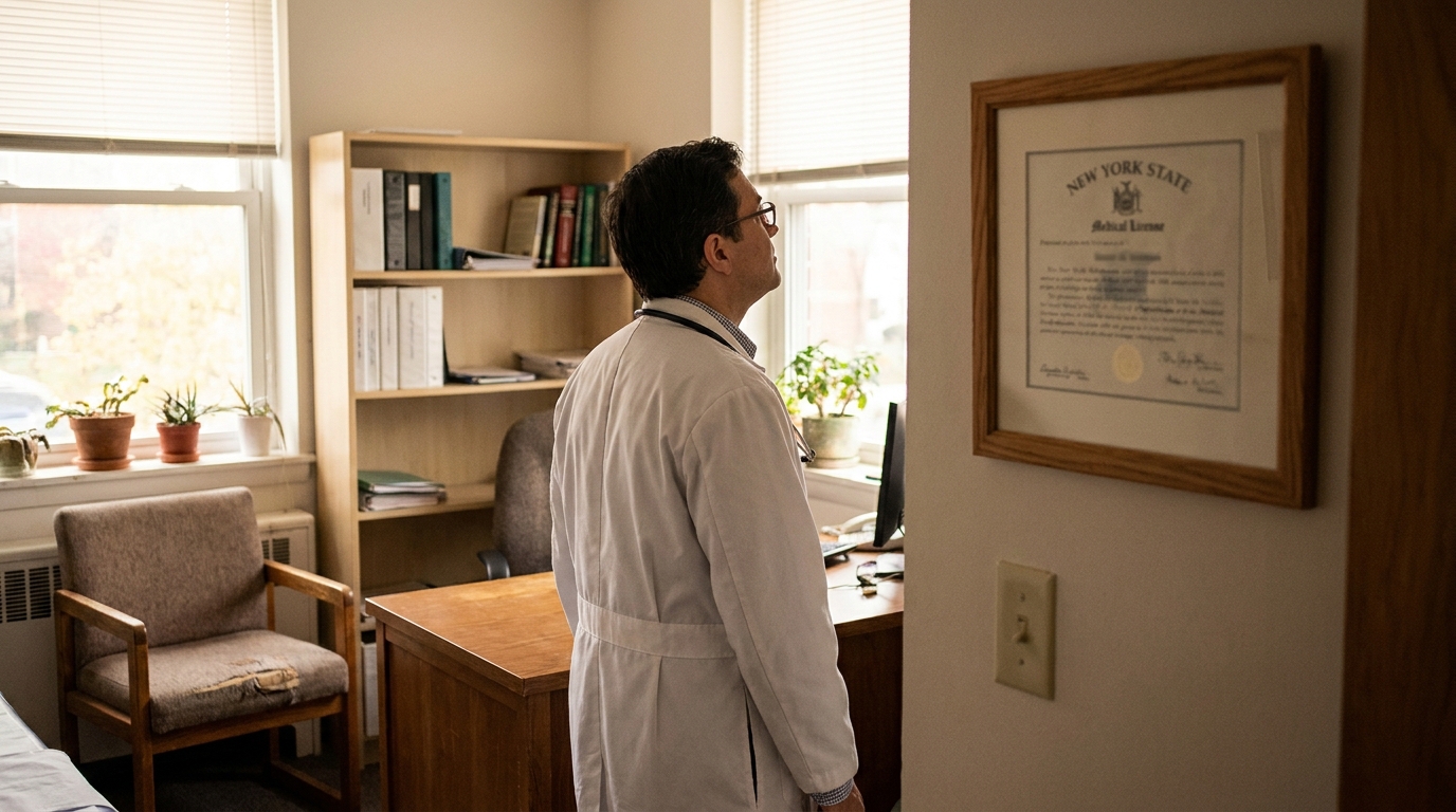 doctor in lab coat standing near framed New York State Medical License certificate