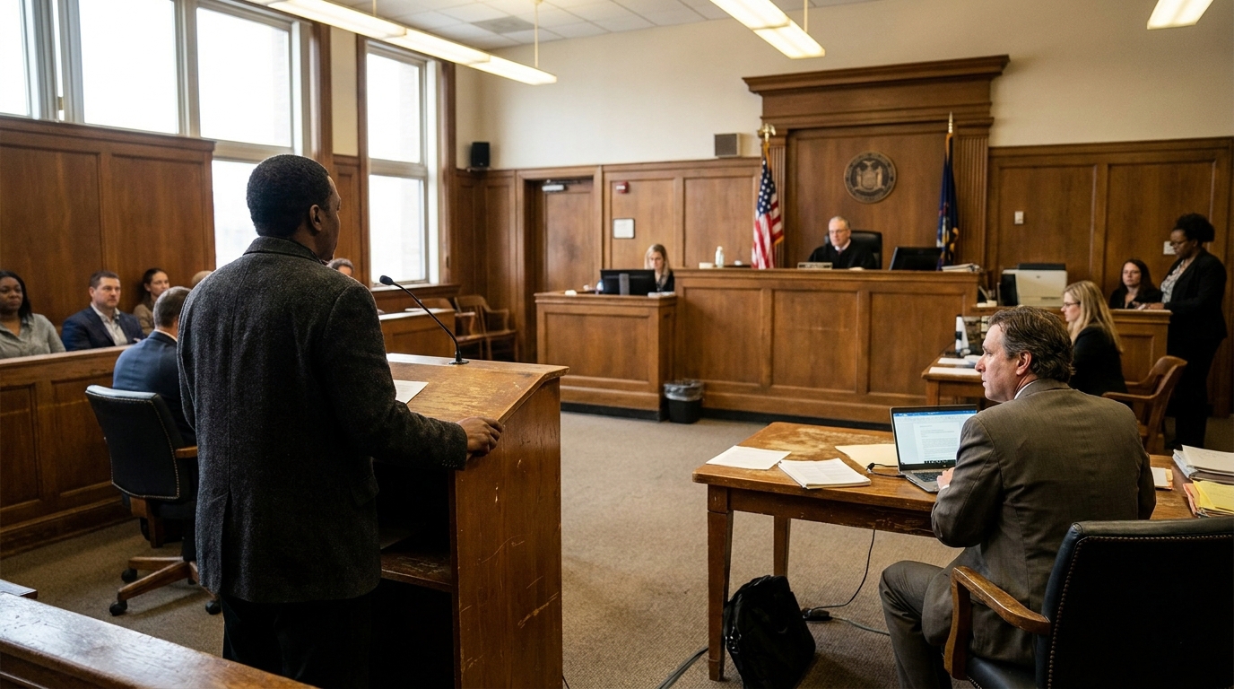 person standing at courtroom podium addressing judge on raised bench