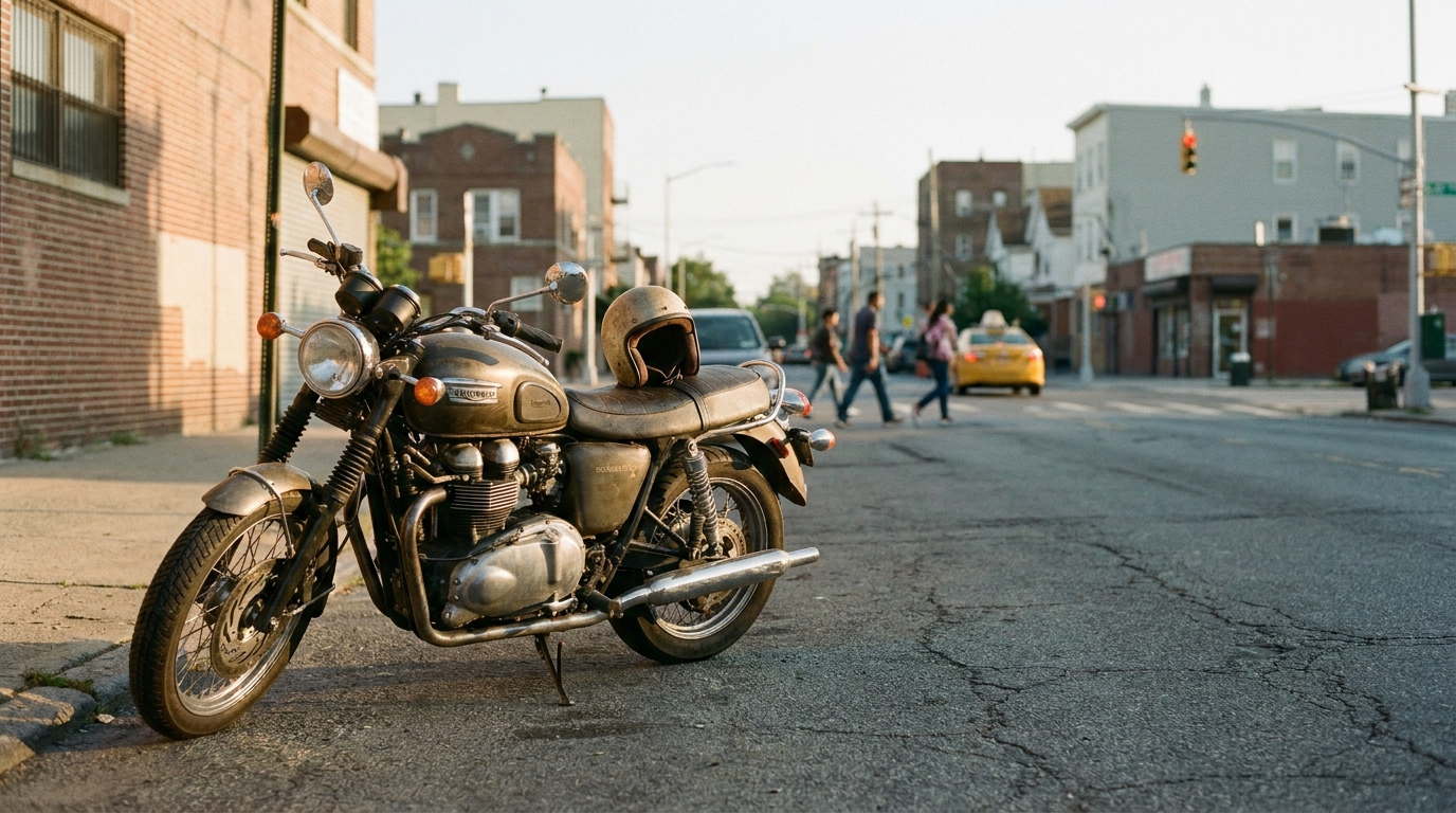 Triumph motorcycle with helmet resting on seat parked on urban street corner