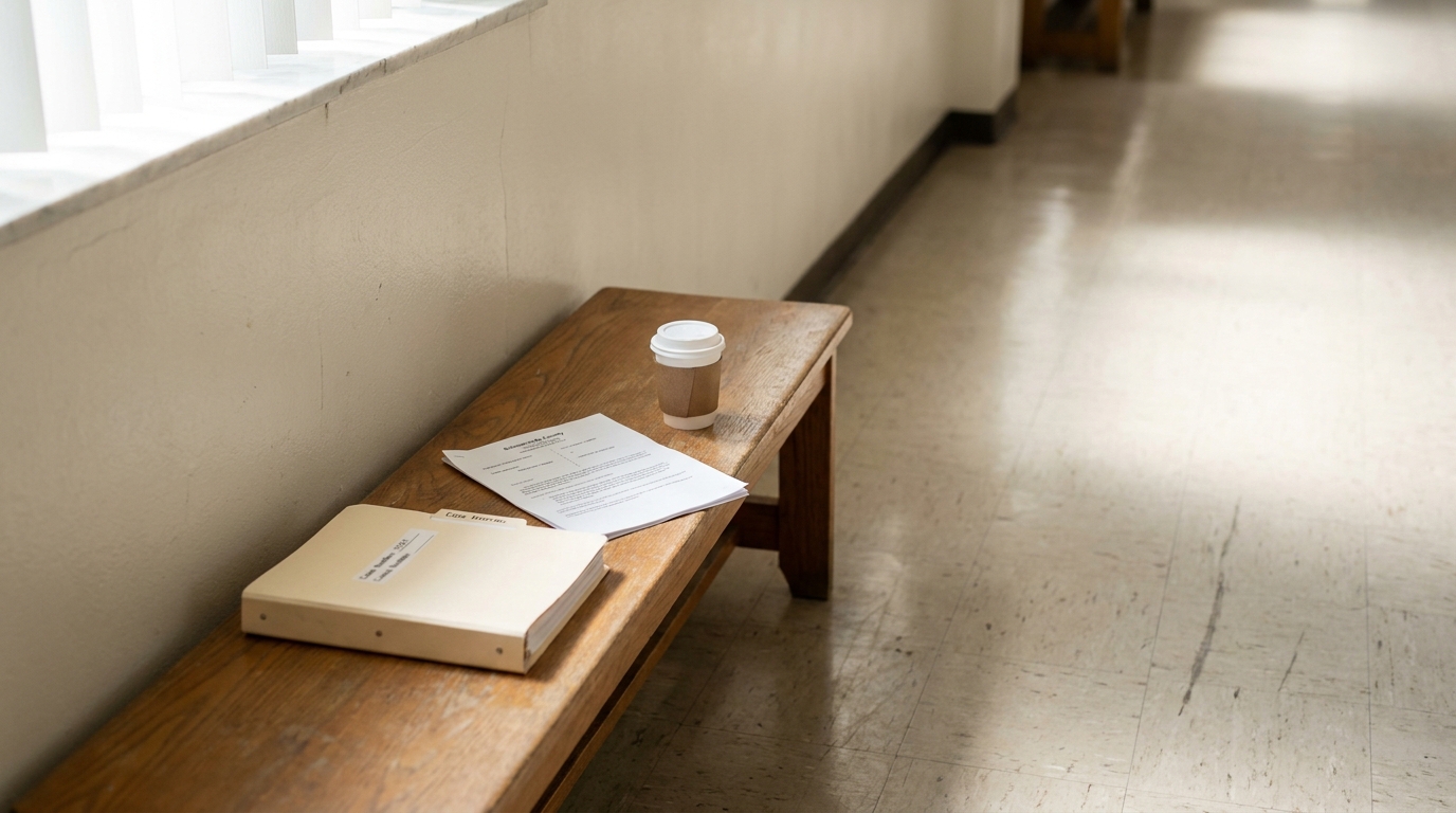 legal documents, case file folder, and coffee cup on courthouse hallway bench