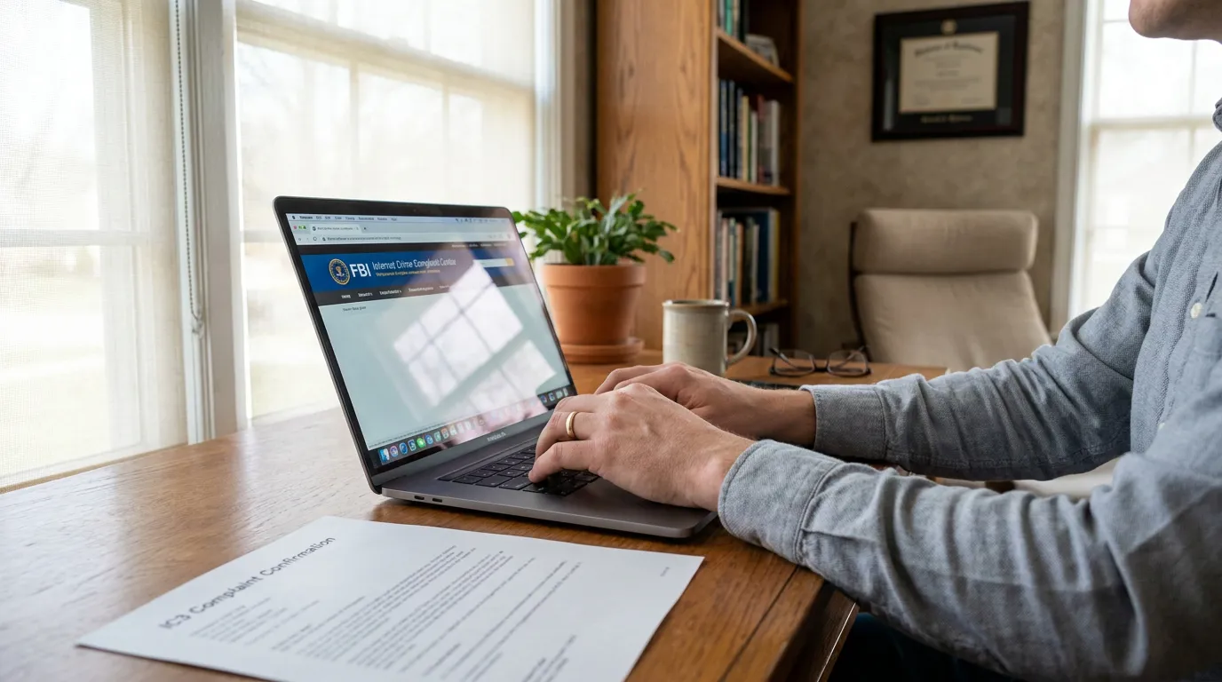 person typing on laptop displaying FBI Internet Crime Complaint Center website with IC3 Complaint Confirmation document on desk