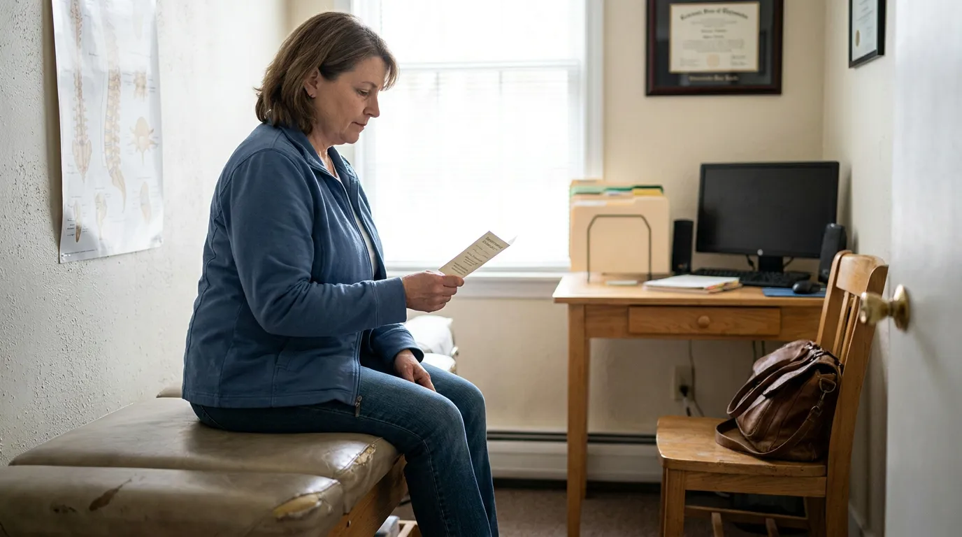 woman seated on medical exam table reading printed document in clinical office