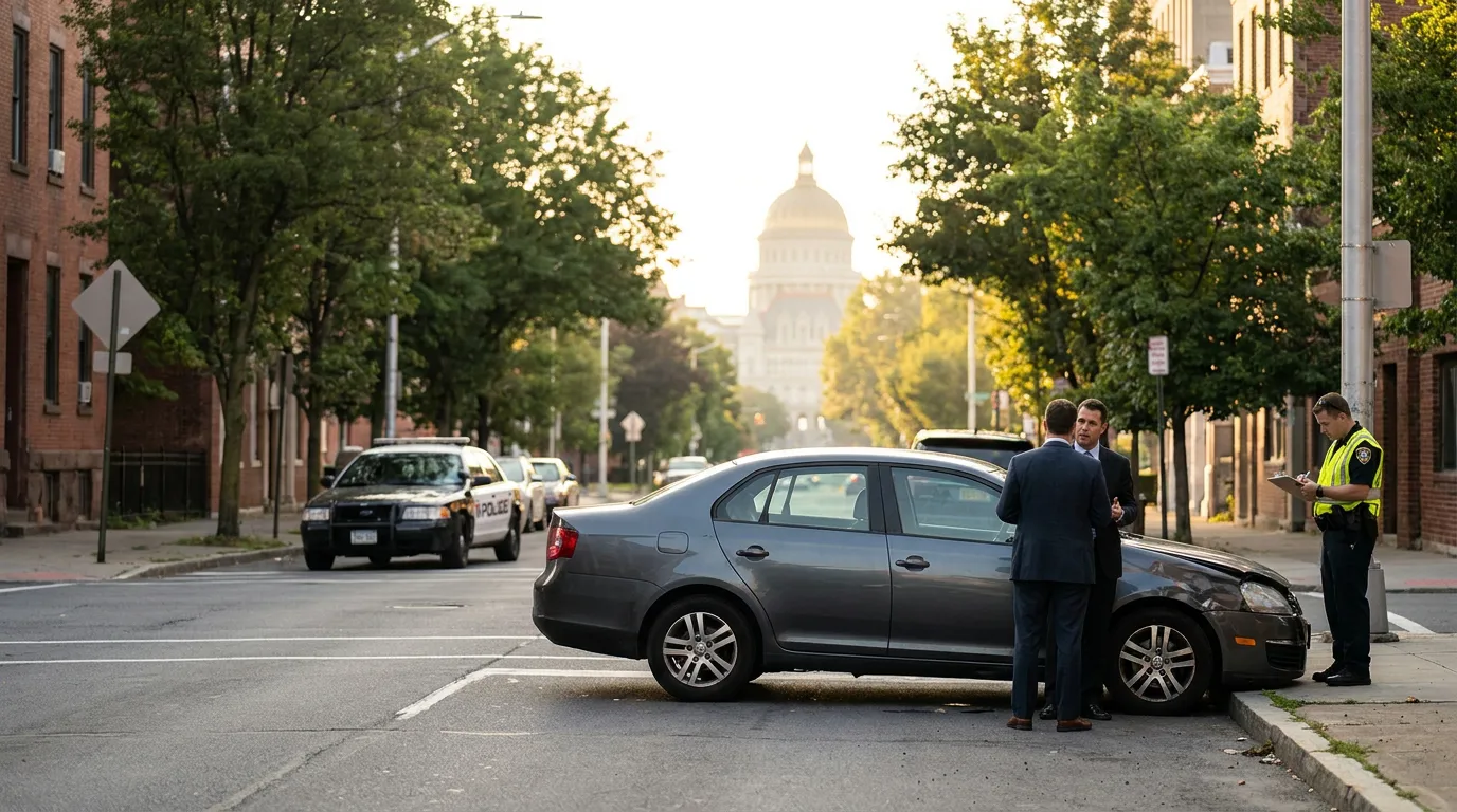 police officer and suited man examining damaged sedan at urban accident scene
