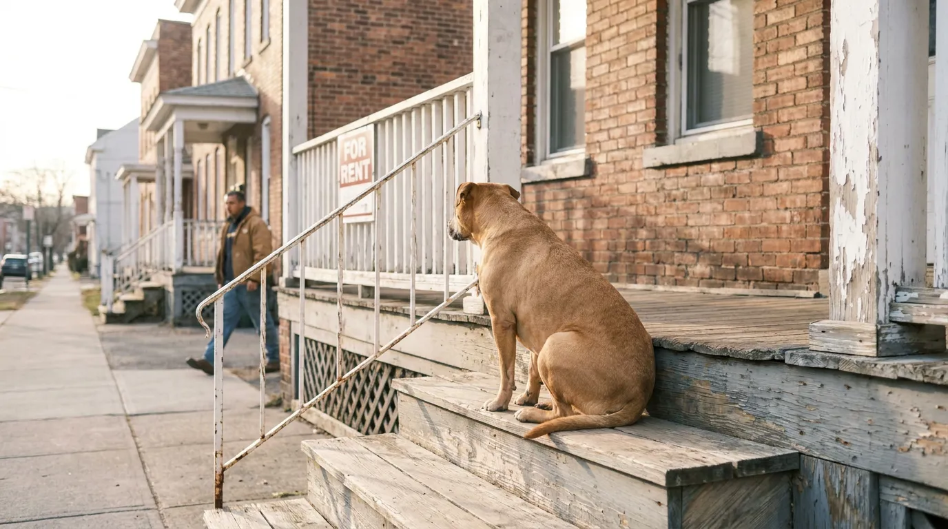 dog sitting on weathered porch steps beside For Rent sign on brick building