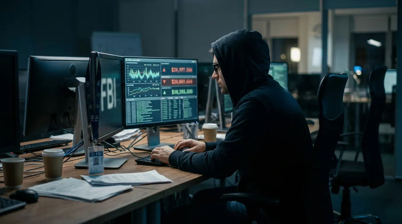 hooded figure at desk with FBI badge and financial data on monitors