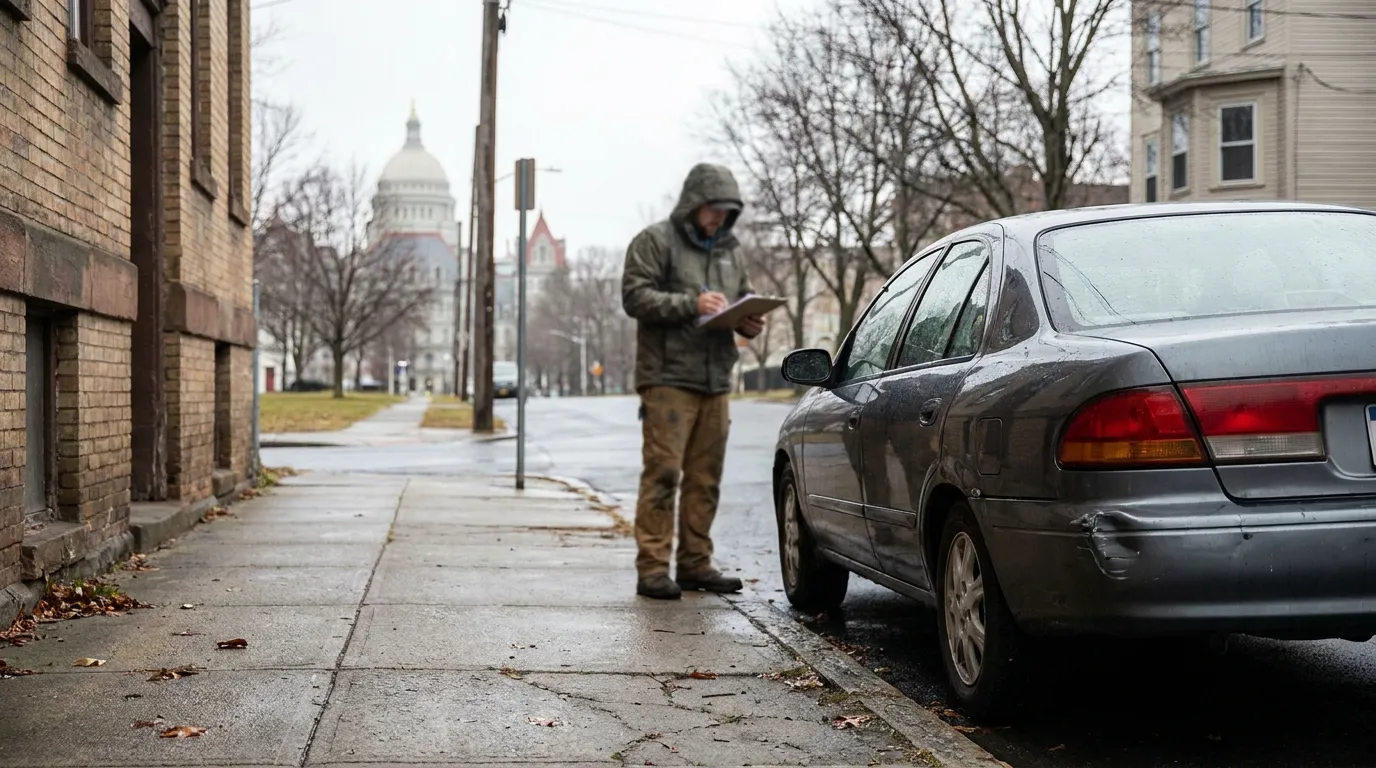person writing on clipboard beside damaged sedan parked on city sidewalk