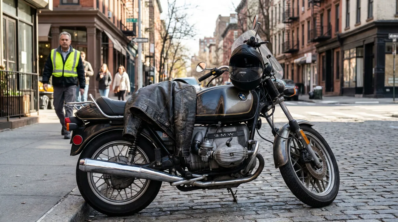 BMW motorcycle parked on cobblestone street with helmet and leather jacket
