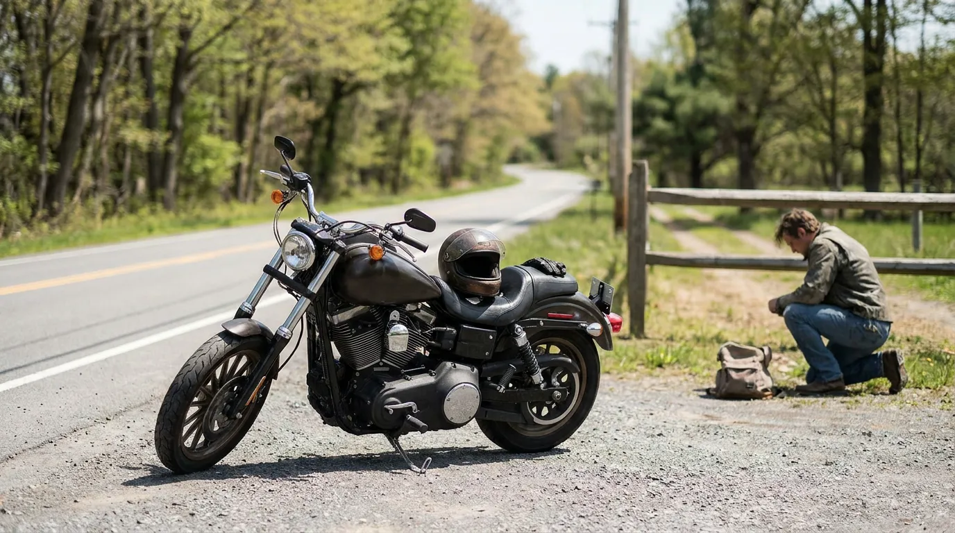 motorcycle with helmet on seat parked roadside while rider crouches nearby