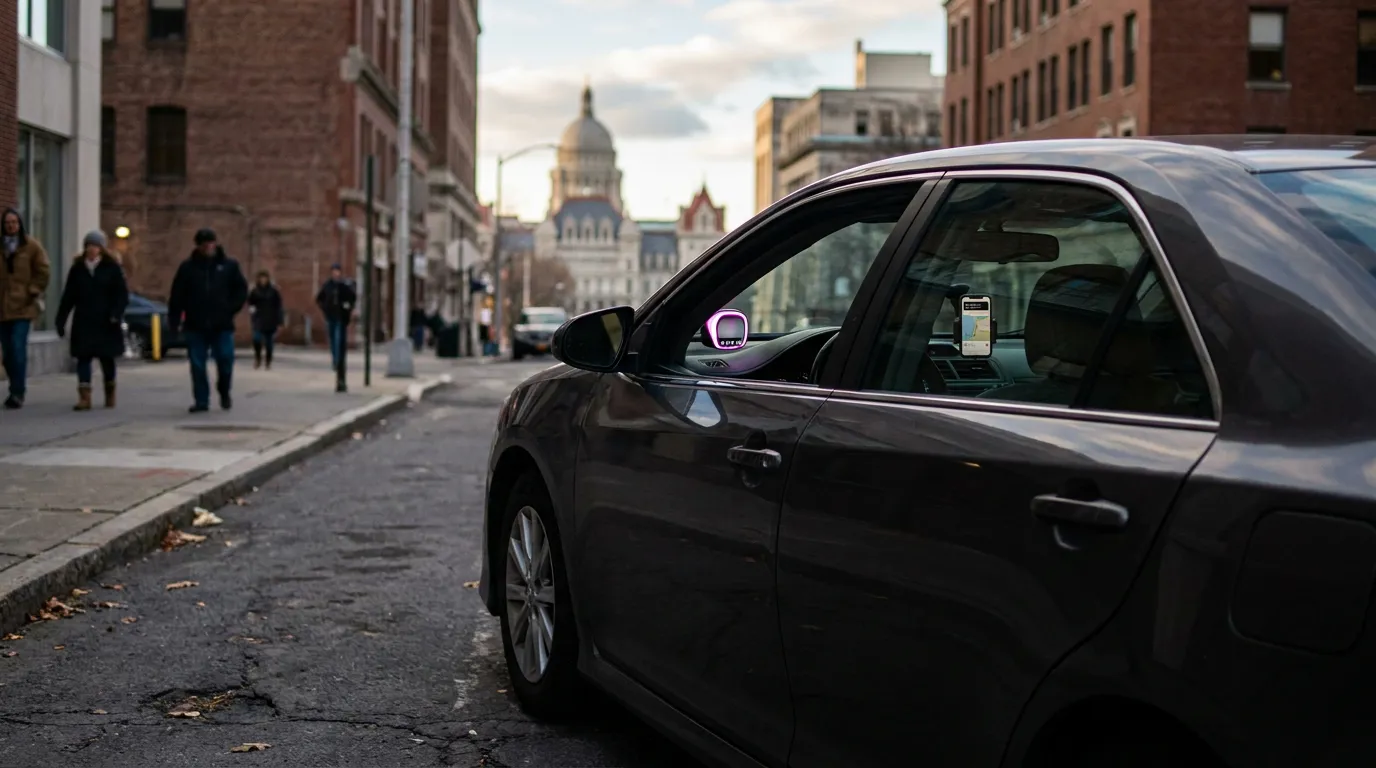 rideshare vehicle with glowing Lyft amp and mounted navigation phone on urban street