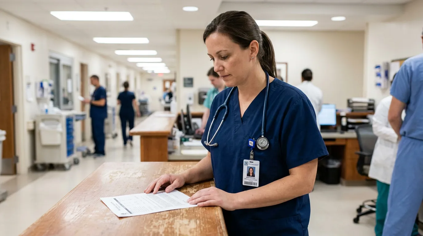 nurse wearing stethoscope and ID badge reviewing medical document at hospital nurses station