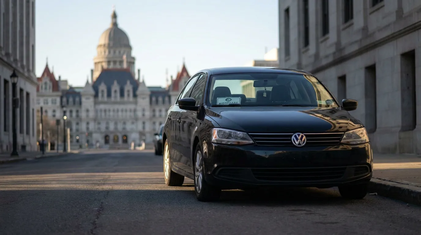 Volkswagen Jetta sedan parked on street near domed government capitol building