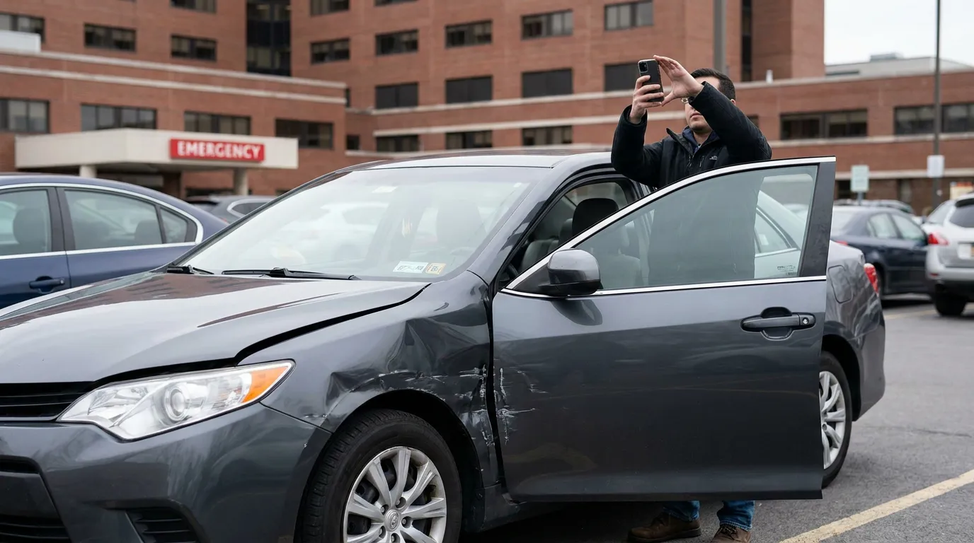person photographing damaged sedan with smartphone outside hospital Emergency entrance