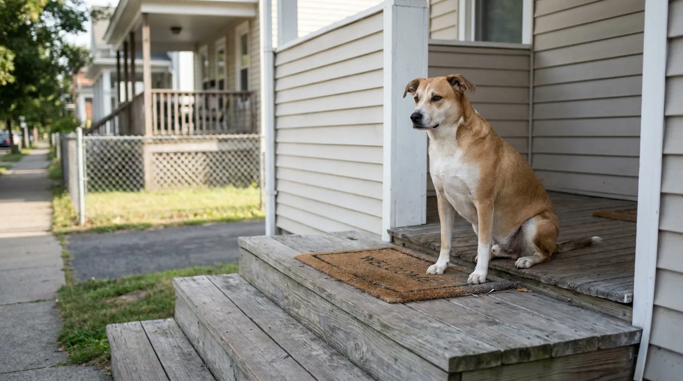 medium-sized dog sitting on wooden porch steps beside welcome mat