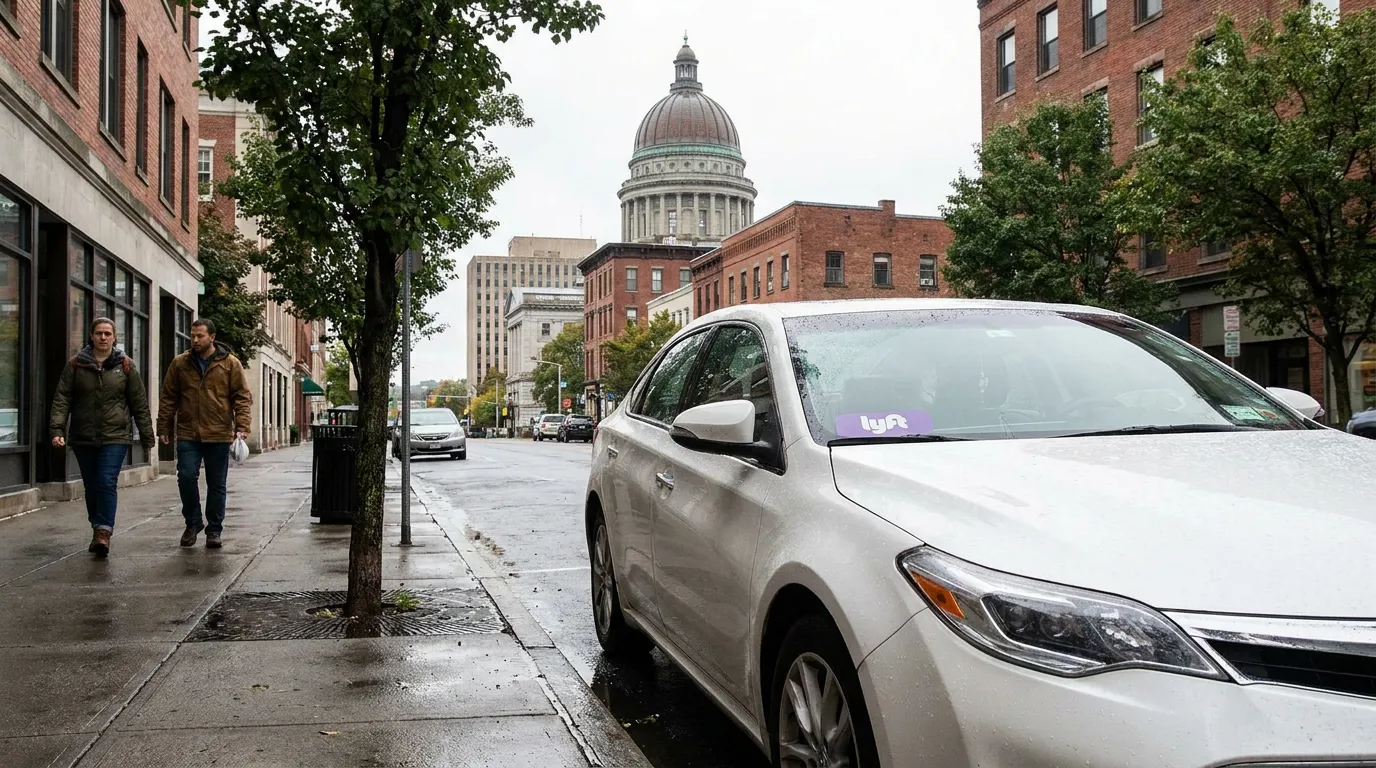 Lyft rideshare vehicle parked on downtown street near domed government building
