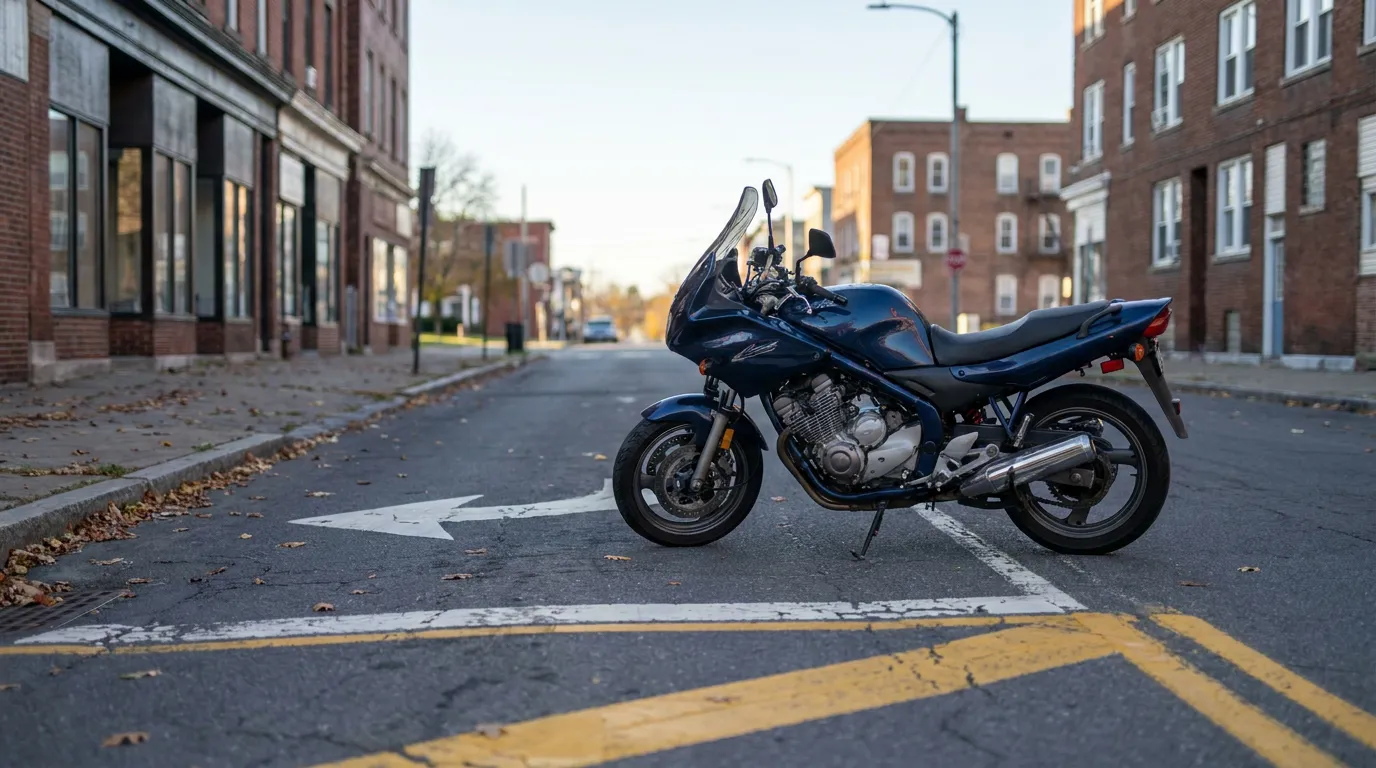 motorcycle parked on urban street intersection with brick buildings in background