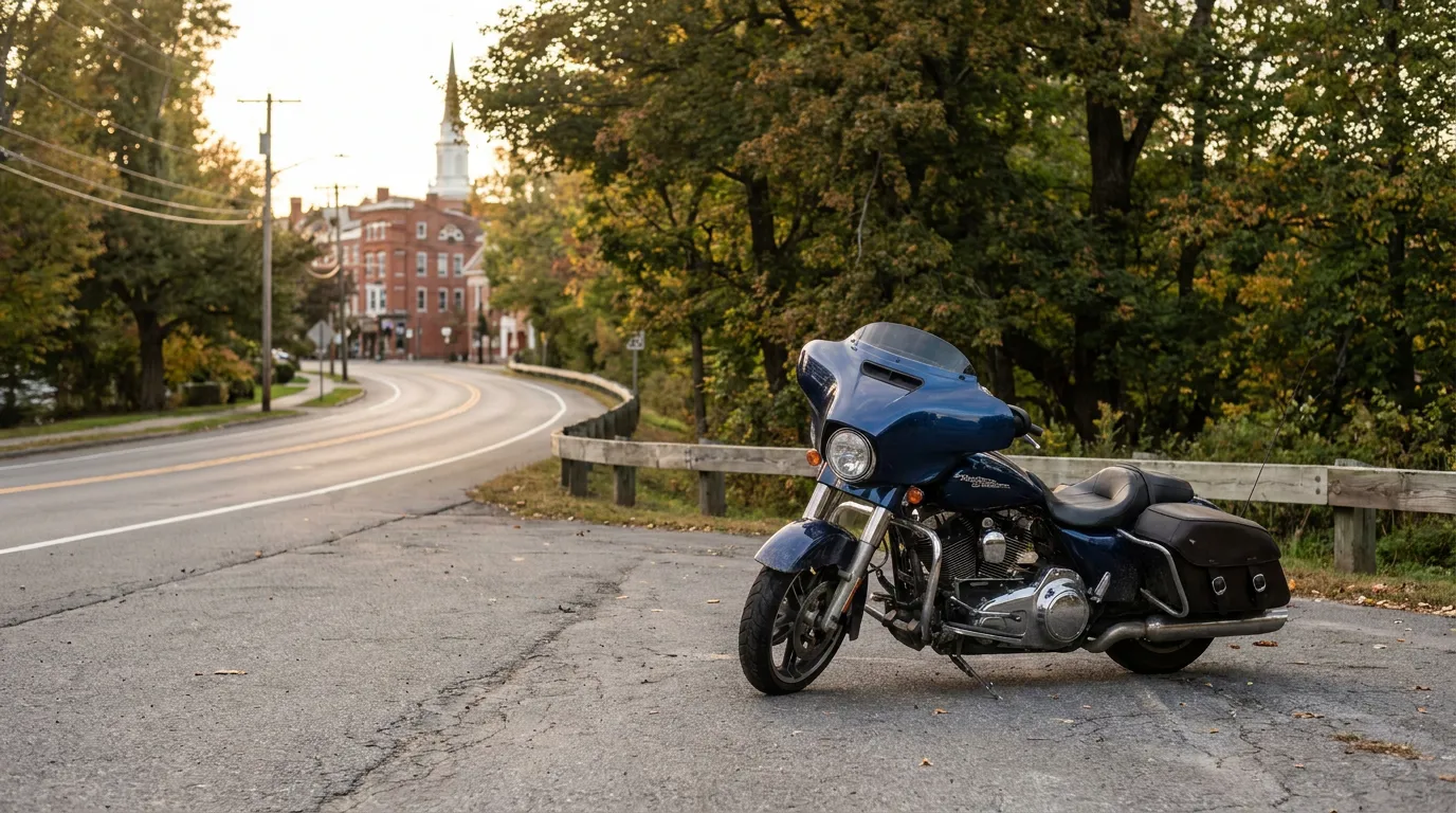 Harley-Davidson Street Glide motorcycle parked roadside near small town church steeple