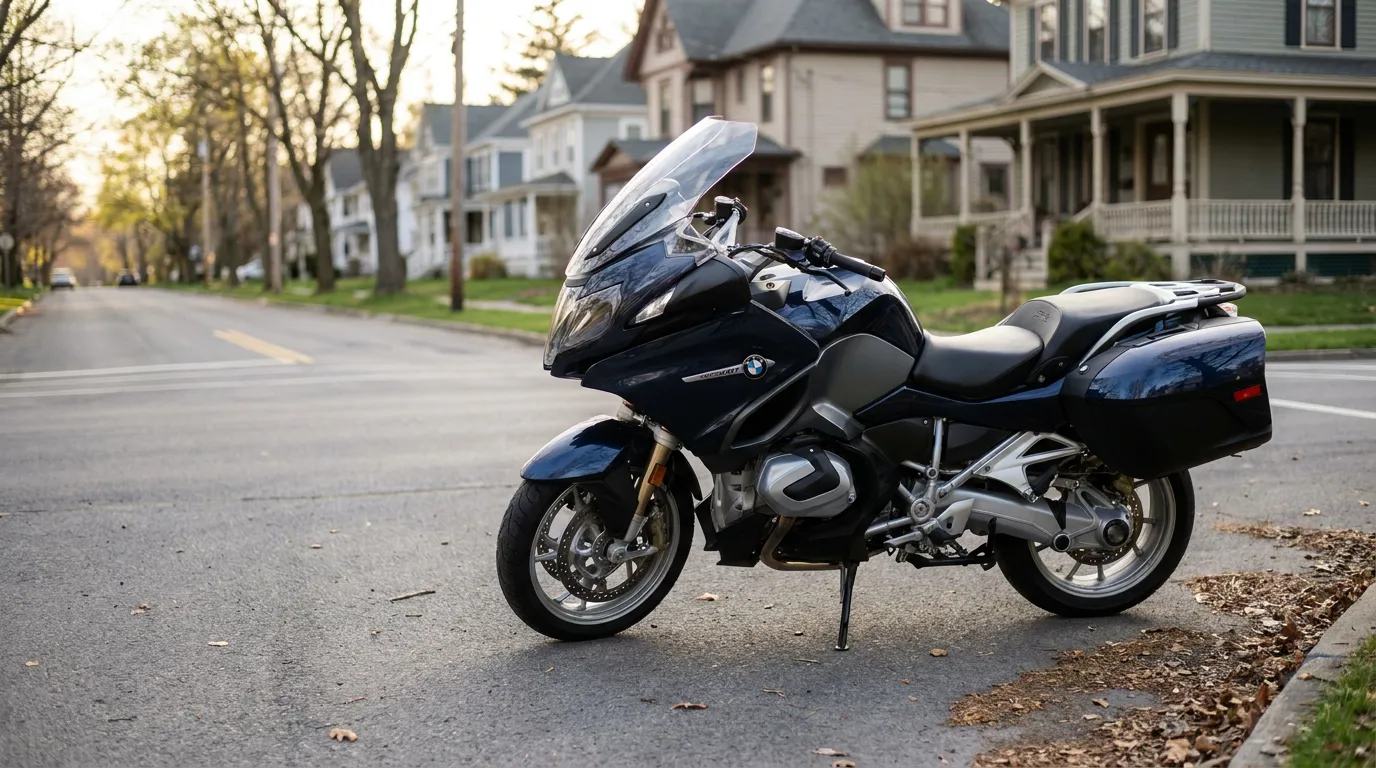 BMW R1250RT touring motorcycle parked on residential street with side case