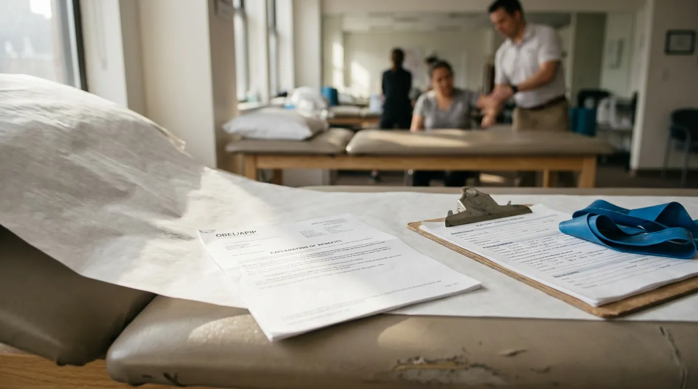 Explanation of Benefits document and clipboard on physical therapy treatment table