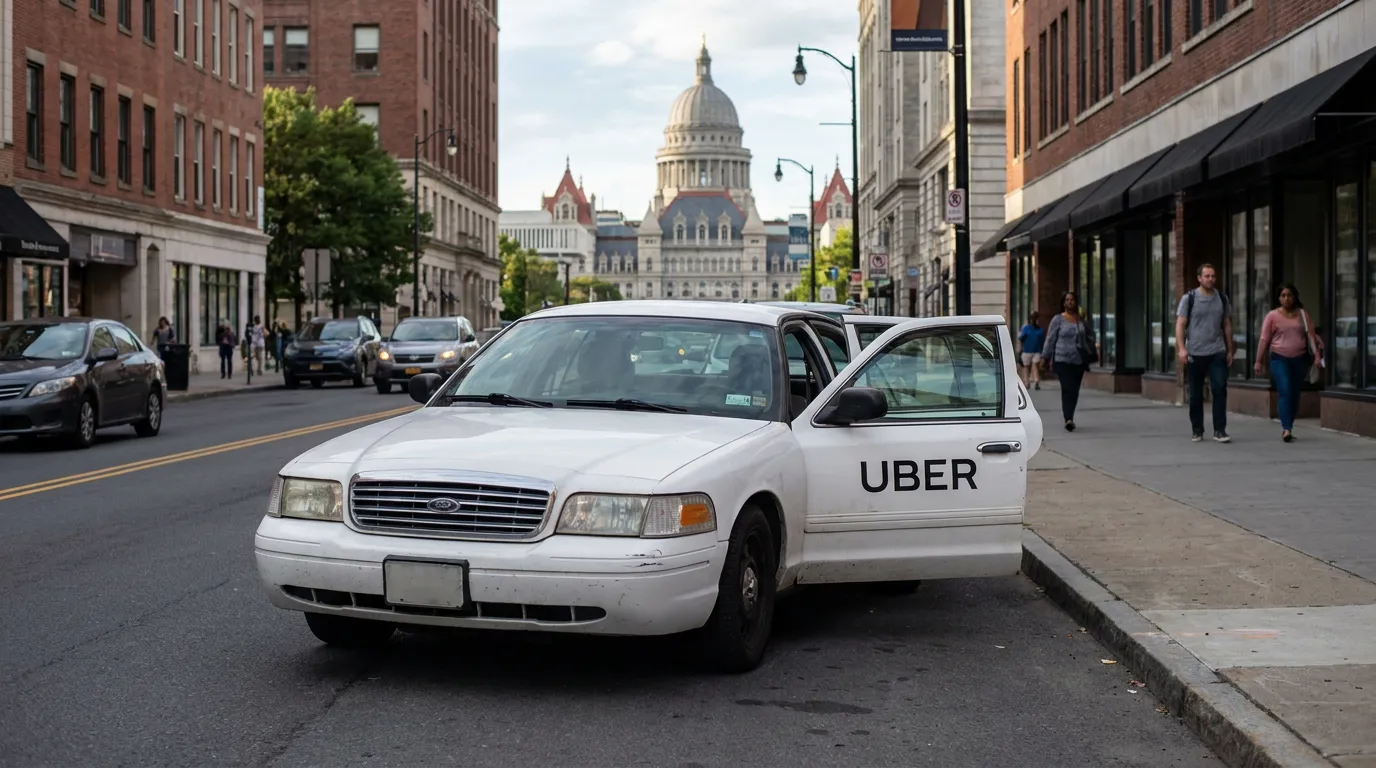 Uber-branded sedan parked on urban street near government capitol building