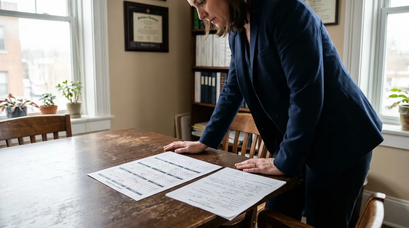 attorney leaning over wooden desk reviewing calendar and legal documents in office
