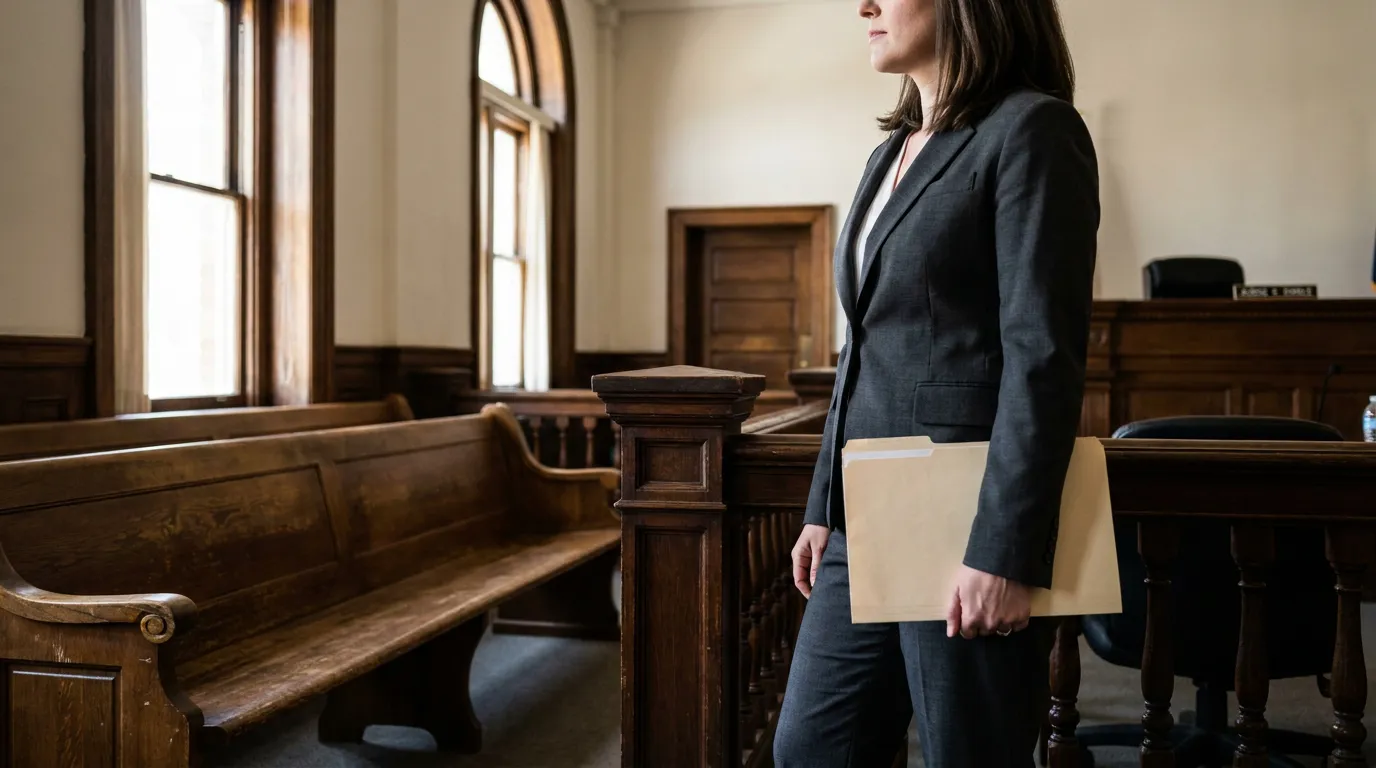 female attorney standing in courtroom holding legal case folder
