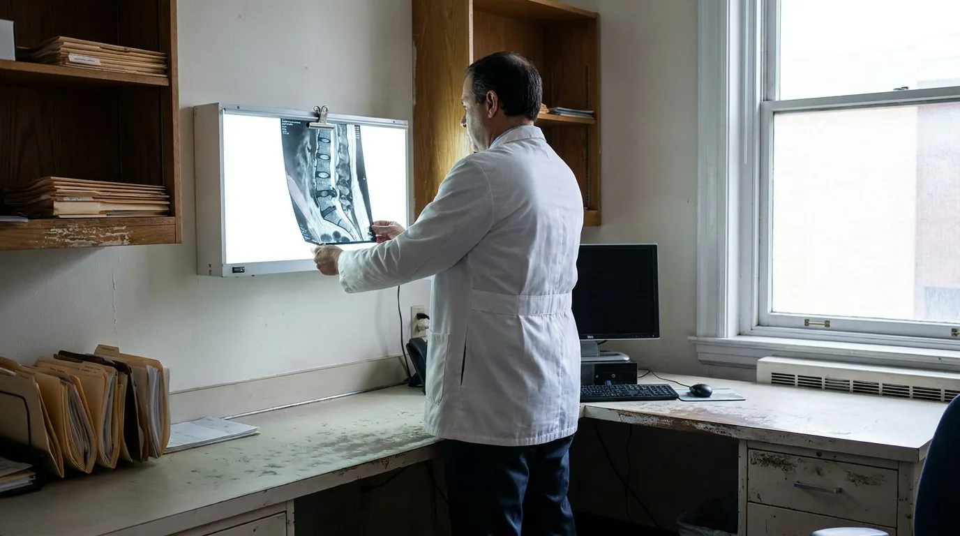physician in lab coat examining spinal X-ray on illuminated medical lightbox