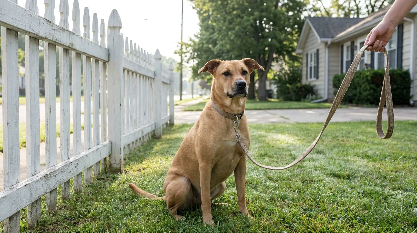 leashed dog sitting on grass beside picket fence in residential neighborhood