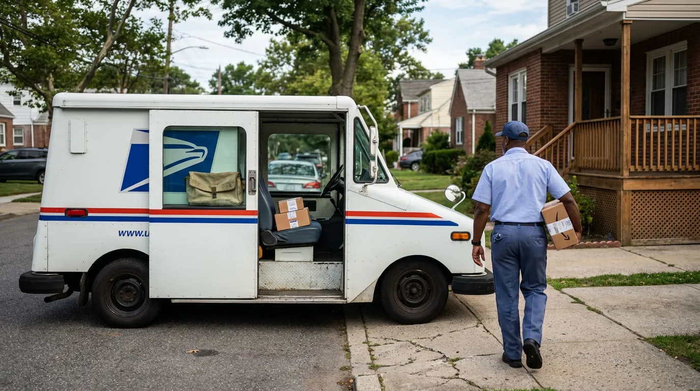 USPS mail carrier carrying package toward residential home from postal truck
