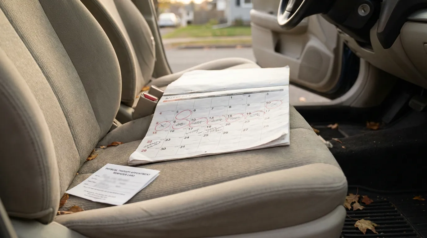 monthly calendar with circled dates and physical therapy appointment reminder card on car seat