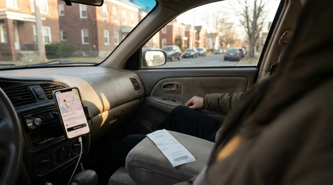 rideshare driver interior with navigation app on mounted phone and printed receipt on seat