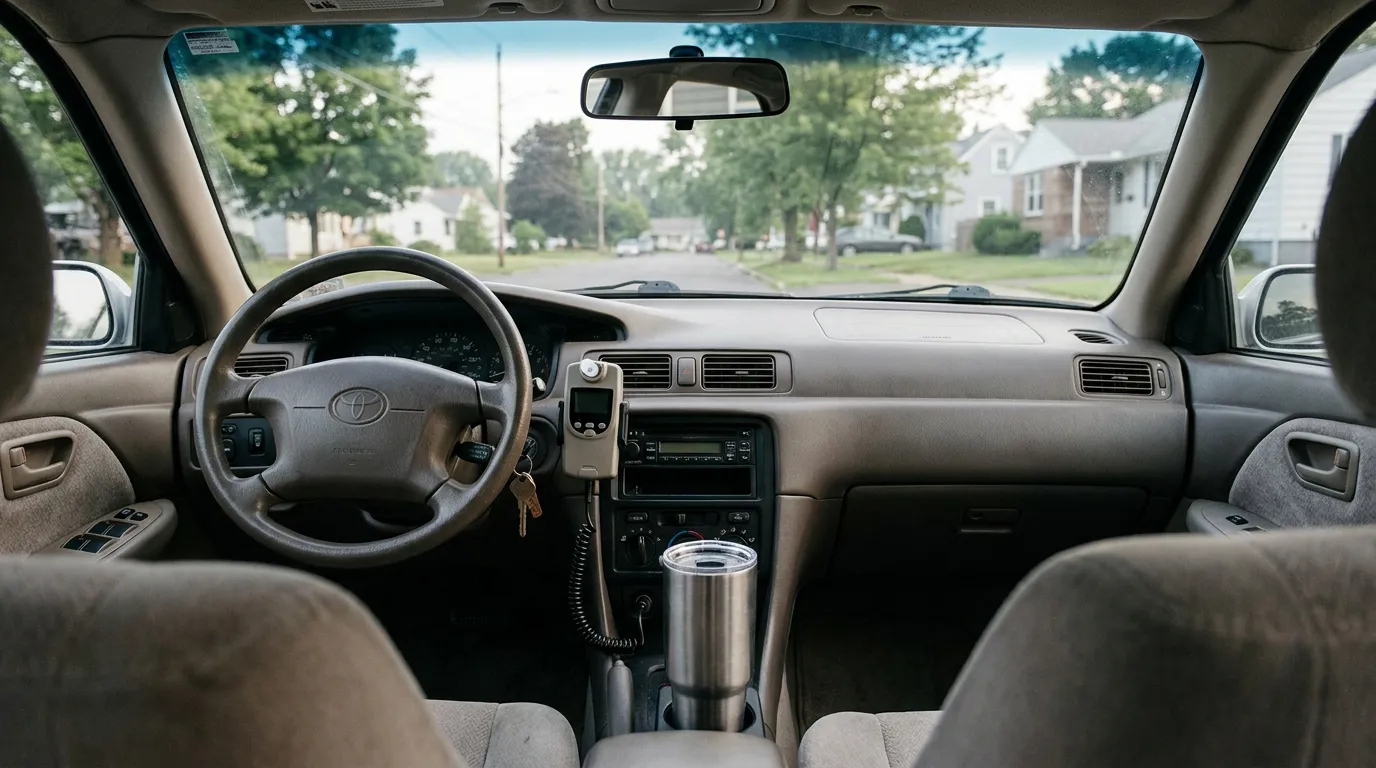 Toyota sedan interior showing steering wheel, dashboard, mounted phone device, and travel tumbler