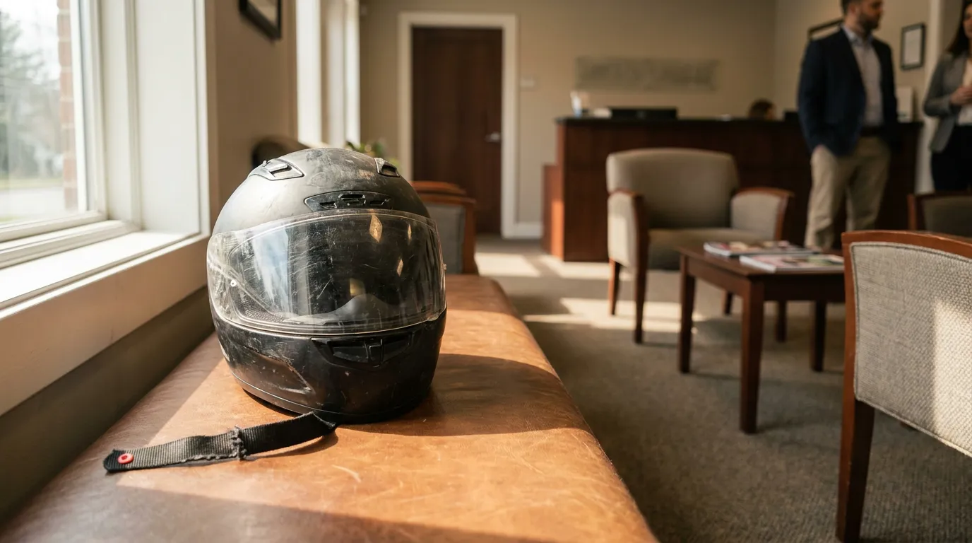 motorcycle helmet resting on bench inside law firm waiting room