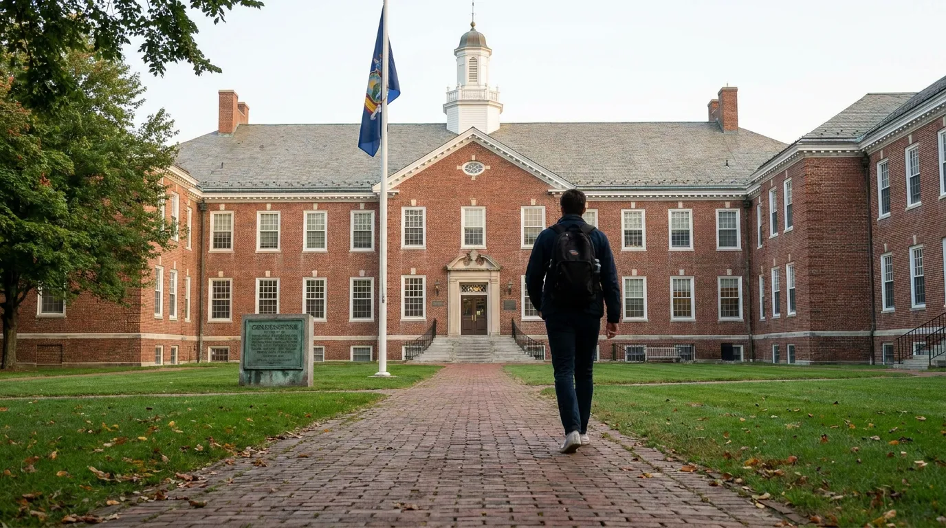 Student with backpack walking brick path toward historic brick campus building with cupola